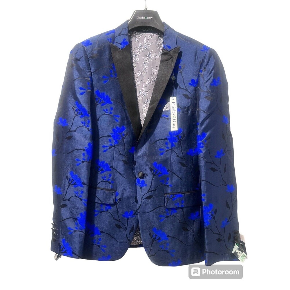 Paisley & Gray Men's Slim Fit Blue Floral Suit Blazer Tuxedo Jacket Size 38R